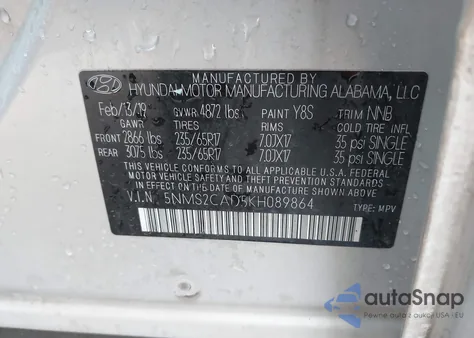 2019 Hyundai Santa Fe Se from USA, damaged, VIN 5NMS2CAD5KH089864